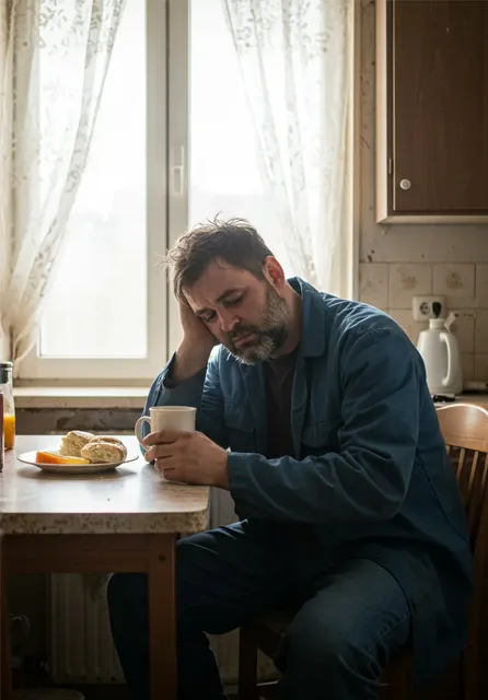 Мужчина с апатией сидит на кухне